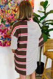 Brown Stripe Textured Patchwork Buttoned T Shirt Dress