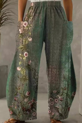 Green Floral Elastic Waist Pockets Pants 