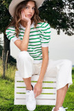 Green Stripe Puff Sleeve Elegant T-shirt
