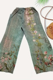 Green Floral Elastic Waist Pockets Pants 