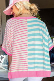 Pink Stripe Contrast Patchwork Oversized T Shirt