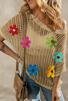 Light French Beige Crochet Flower Hollow-out Sweater T Shirt