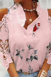 Floral Print Embroidery Lace Cut Shoulder Blouse