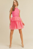 Strawberry Pink Gauze Ruffle Tiered Knotted Halter Dress