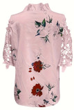 Floral Print Embroidery Lace Cut Shoulder Blouse