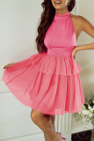 Strawberry Pink Gauze Ruffle Tiered Knotted Halter Dress