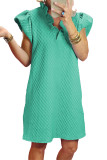 Sea Green Textured Puff Sleeve Ruffled V Neck Shift Mini Dress