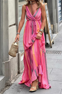 Pink Striped Print V Neck Drawstring Waist Slip Maxi Dress