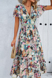 Floral Print V Neck High Waist Flare Sleeves Maxi Dress