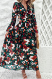Ruffles V Neck Hollow Out Waist Maxi Floral Dress