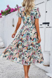 Floral Print V Neck High Waist Flare Sleeves Maxi Dress