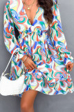 Multicolor Print Plunge V Neck Ruffles Dress
