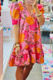 Pink Floral Bubble Sleeve V Neck Ruffled Mini Dress