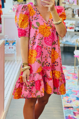 Pink Floral Bubble Sleeve V Neck Ruffled Mini Dress