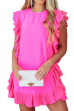 Bright Pink Solid Ruffled Edge Keyhole Back Mini Dress