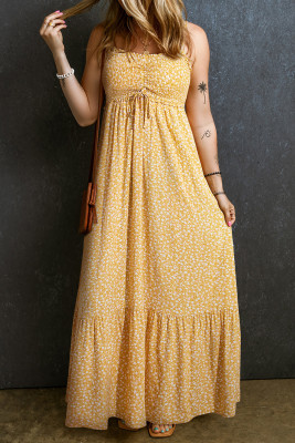 Yellow Frilly Smocked High Waist Floral Maxi Dress