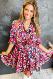 Rose Red Floral Print Tiered Ruffled Half Sleeve V Neck Dress