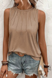 Light French Beige Pleated Detail Round Neck Tank Top
