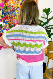 White Colorblock Crochet Knit Ruffled Short Sleeve Sweater Top