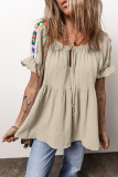 Smoke Gray Crinkle Embroidered Patched Bubble Sleeve Tied Neck Blouse