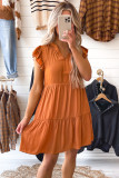 Russet Orange Ruffled Sleeve Notched V Neck Tiered Mini Dress
