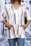 Stripe V Neck Kangroo Pocket Hooded Shirt