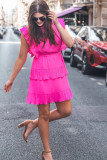 Bright Pink Solid Color Pleated Layered Flutter Mini Dress