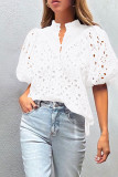 White Flower Embroidered Hollow-out Puff Sleeve Blouse