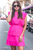 Bright Pink Solid Color Pleated Layered Flutter Mini Dress