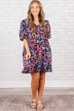 Purple Leopard Print Ruffled V Neck Plus Size Mini Dress