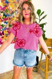 Bright Pink Corded Flower Embroidery Short Sleeve Knitwear Top
