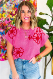 Bright Pink Corded Flower Embroidery Short Sleeve Knitwear Top