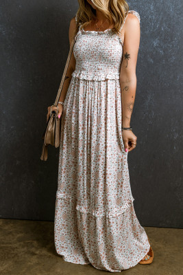 White Lace Frilly Straps Shirred Floral Maxi Dress