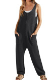 Plain Waffle Knit U Neck Pockets Sleeveless Jumpsuit