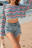 Scallop Hem Knit Stripe Crop Kimono Top