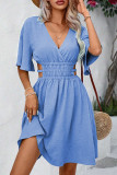 Blue V Neck Hollow Out Elastic Waist Dress