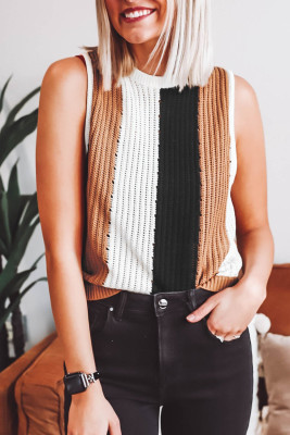 Khaki Stripe Color Block Sleeveless Knitted Sweater Vest
