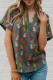 Blackish Green Cheetah Print Split V Neck Blouse
