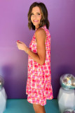 Pink Abstract Print Frilly Neck Sleeveless Mini Dress