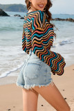 Scallop Hem Knit Stripe Crop Kimono Top