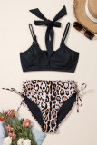 Black Crossed Tie Back Leopard Bikini Swimsuit