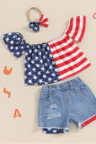 USA Print Off Shoulder Top with Jeans Shorts Girl 2pcs Set