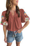 Mineral Red Floral Embroidered Puff Sleeve Split Neck Blouse