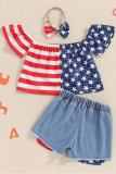 USA Print Off Shoulder Top with Jeans Shorts Girl 2pcs Set