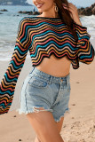 Scallop Hem Knit Stripe Crop Kimono Top