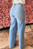 Light Blue Floral Rhinestone Decor High Rise Wide Leg Jeans