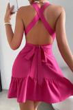 Rose V Neck Halter Backless Dress