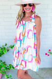 White Abstract Print Knotted Straps Ruffled Mini Dress