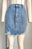 Blue Washed Ripped Hem Denim Skirt
