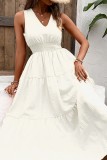 Plain V Neck Smocked Waist Ruffles Maxi Dress